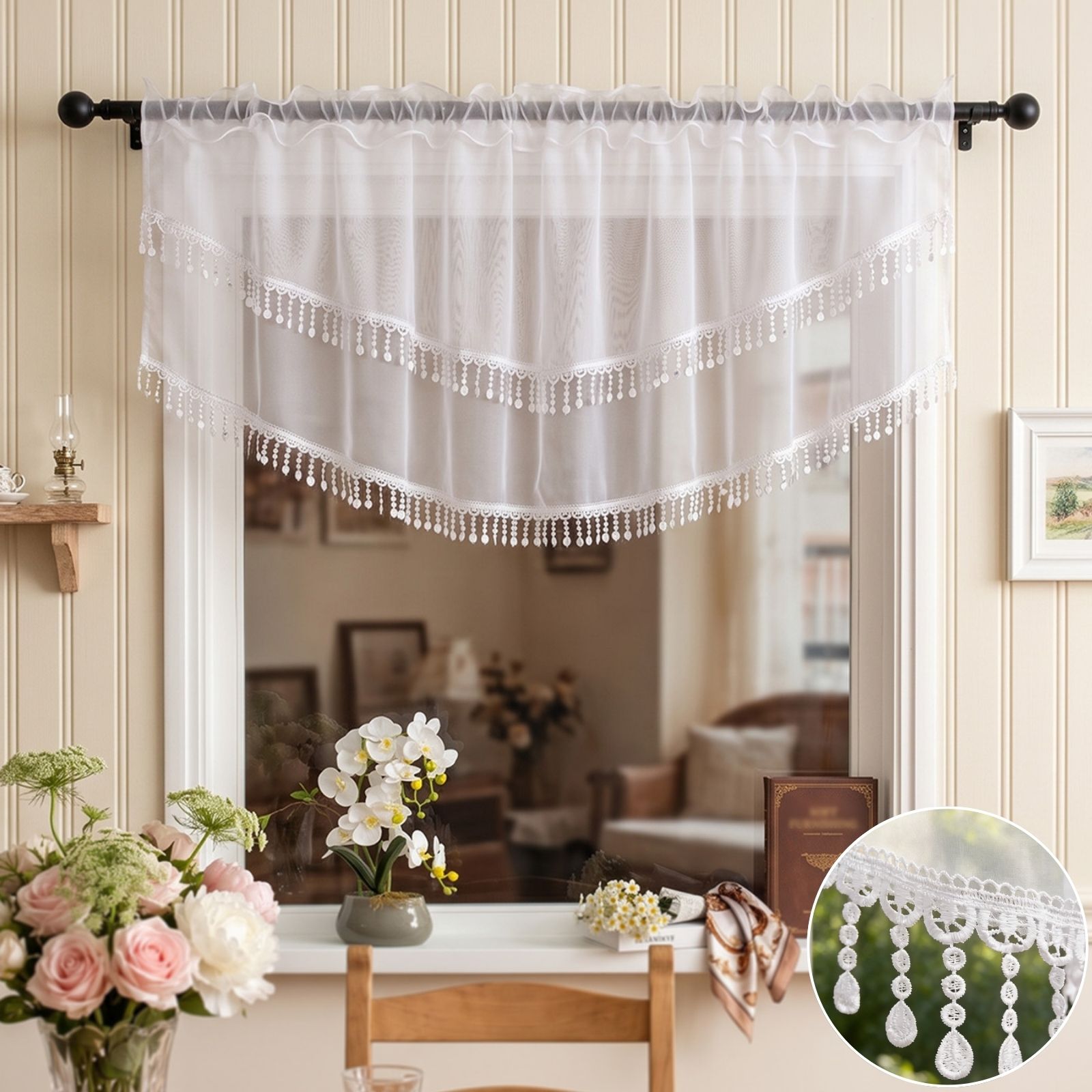 2PCS White Lace Beaded Tassel  - Home Office Kitchen 评论和价格